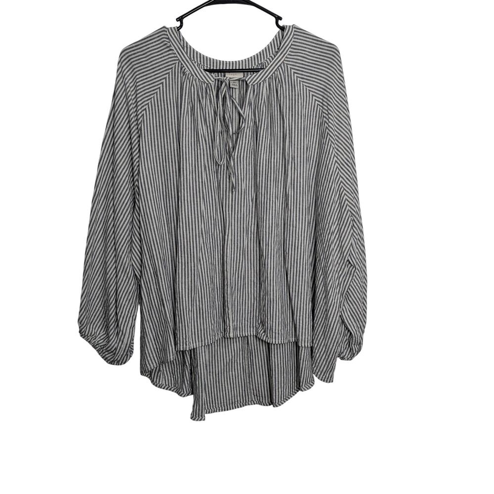 Women's A New Day Striped Linen Blouse w/ Tie Neck & 3/4 Sleeves Size XL